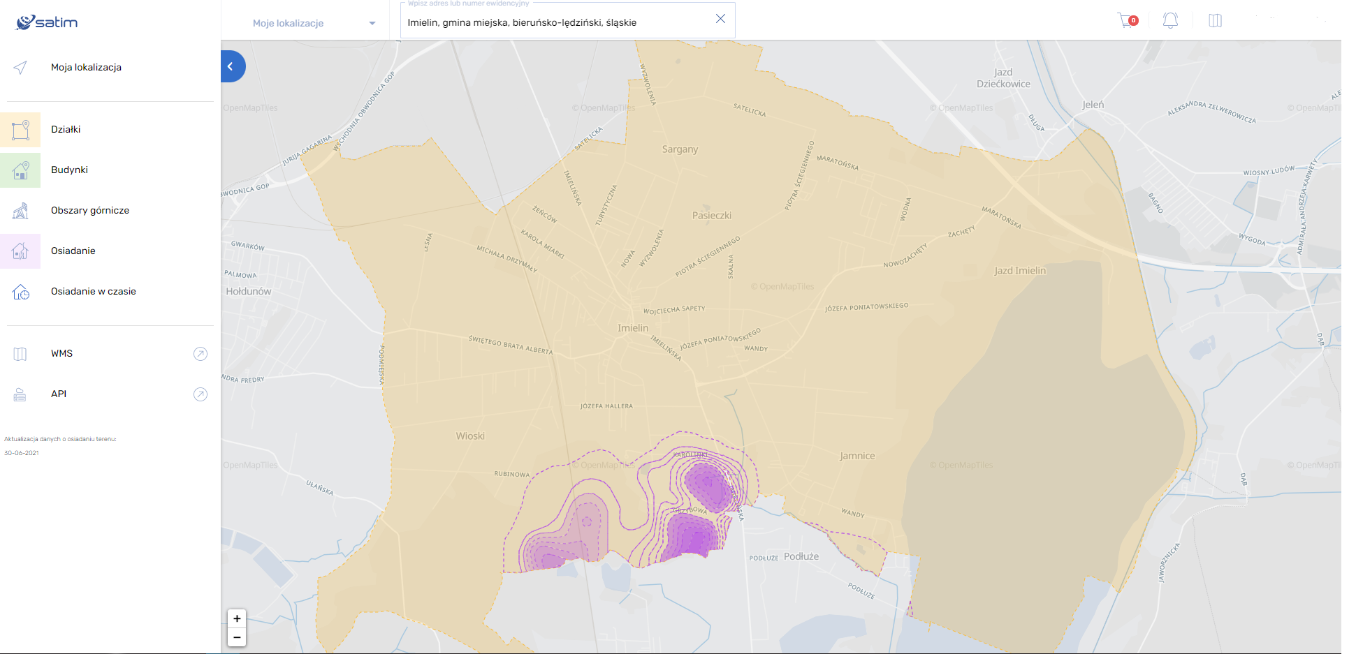 Rysunek 1 Niecki obniżeniowe naniesione na mapę Imielina.