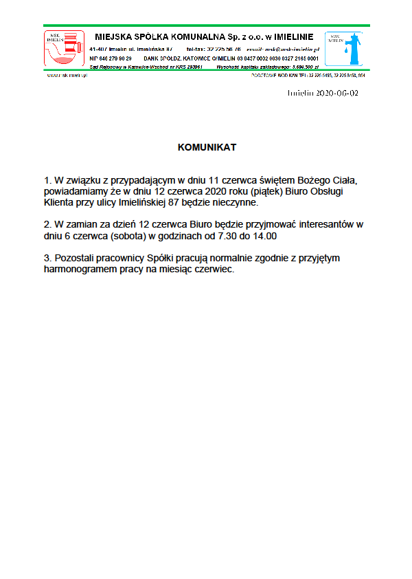 informacja MSK - 12 czerwca biuro nieczynne